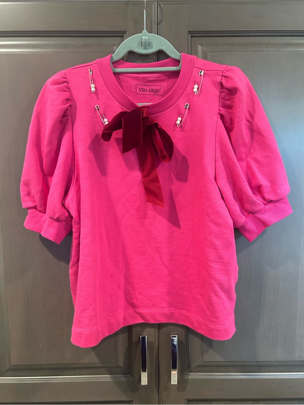 vintägé Puff-Sleeve Top in Pink, Size S